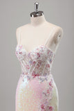 Scintillante rosa sirena spaghetti spalline corsetto fiori paillettes lungo abito da cerimonia con fessura