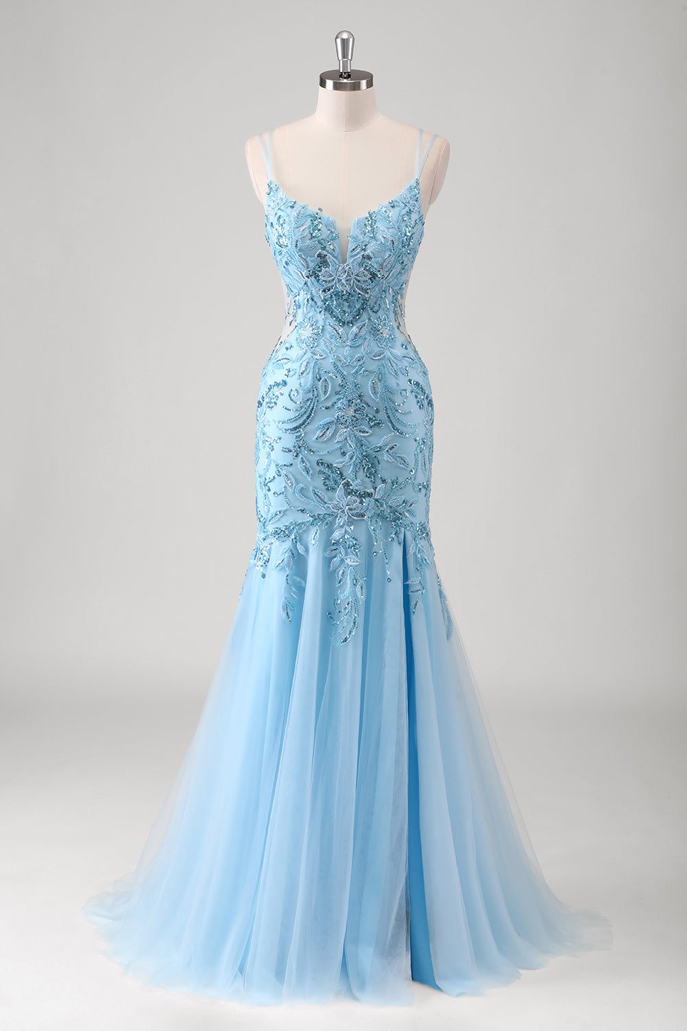 Blu sirena spaghetti cinghie Appliqued lungo Abito da Cerimonia con fessura