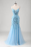 Blu sirena spaghetti cinghie Appliqued lungo Abito da Cerimonia con fessura