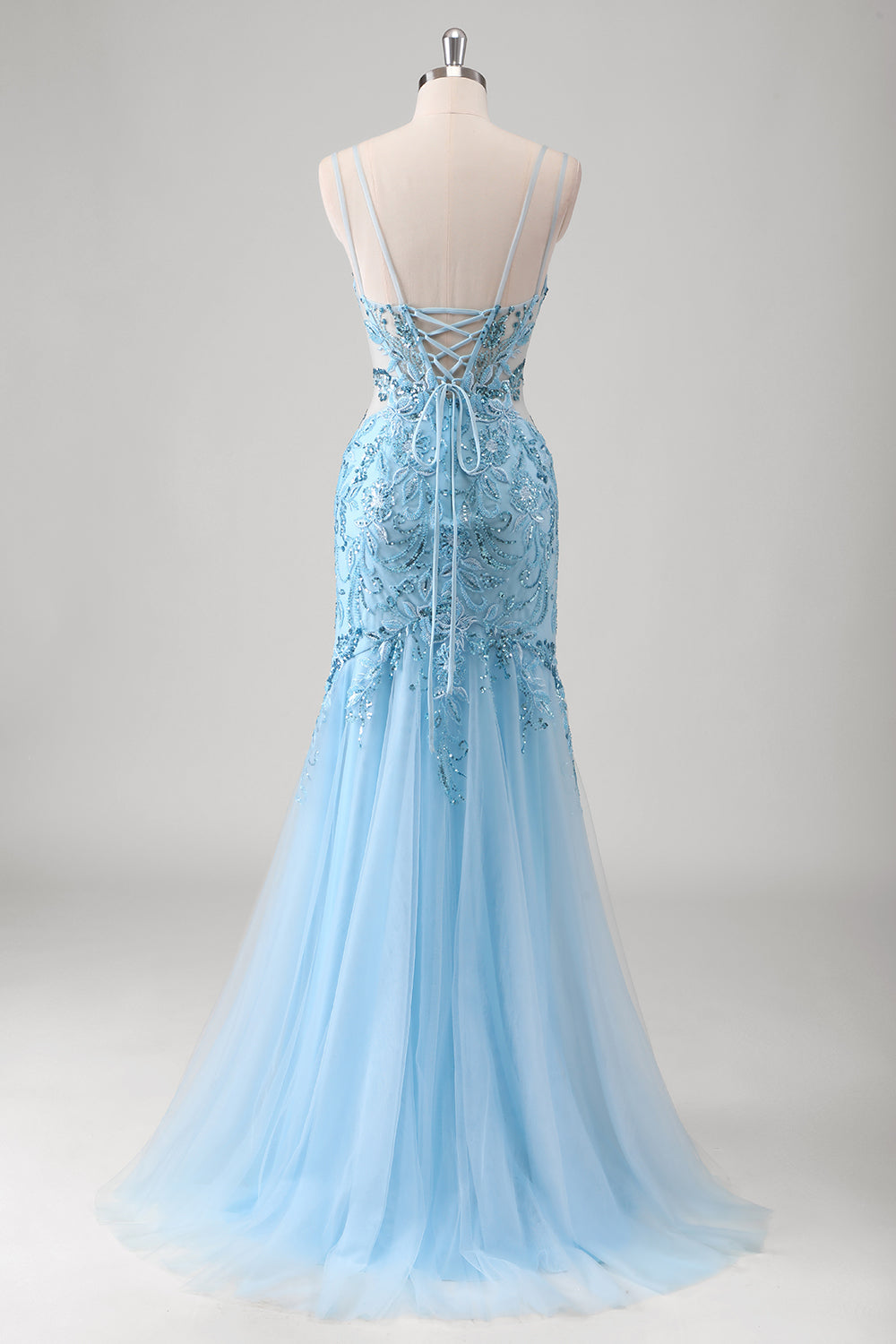Blu sirena spaghetti cinghie Appliqued lungo Abito da Cerimonia con fessura