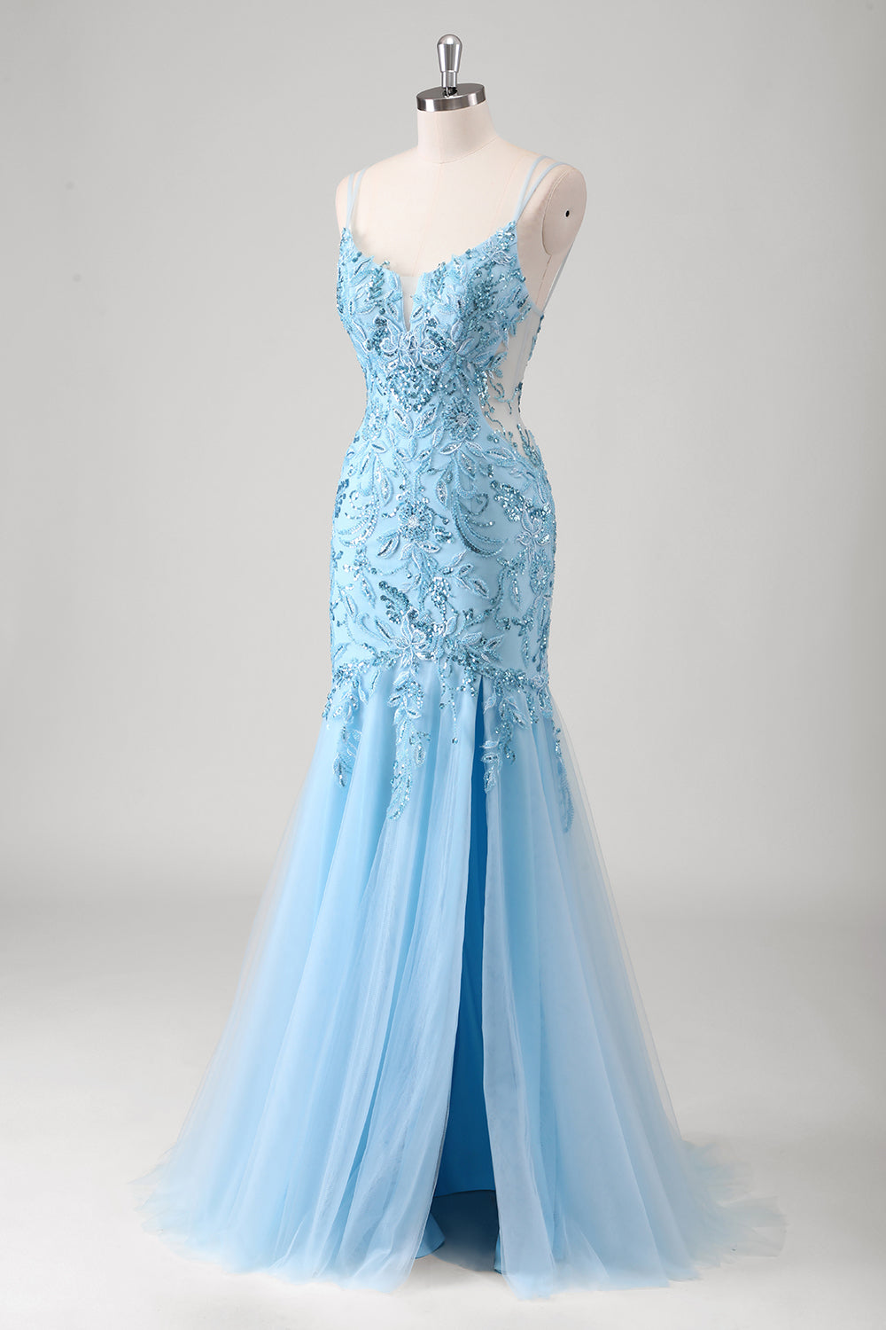 Blu sirena spaghetti cinghie Appliqued lungo Abito da Cerimonia con fessura