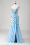 Blu sirena spaghetti cinghie Appliqued lungo Abito da Cerimonia con fessura