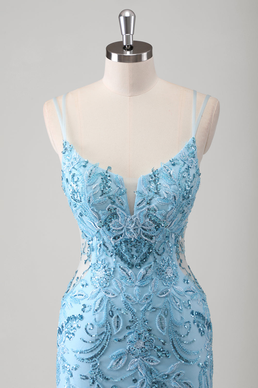 Blu sirena spaghetti cinghie Appliqued lungo Abito da Cerimonia con fessura