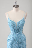 Blu sirena spaghetti cinghie Appliqued lungo Abito da Cerimonia con fessura
