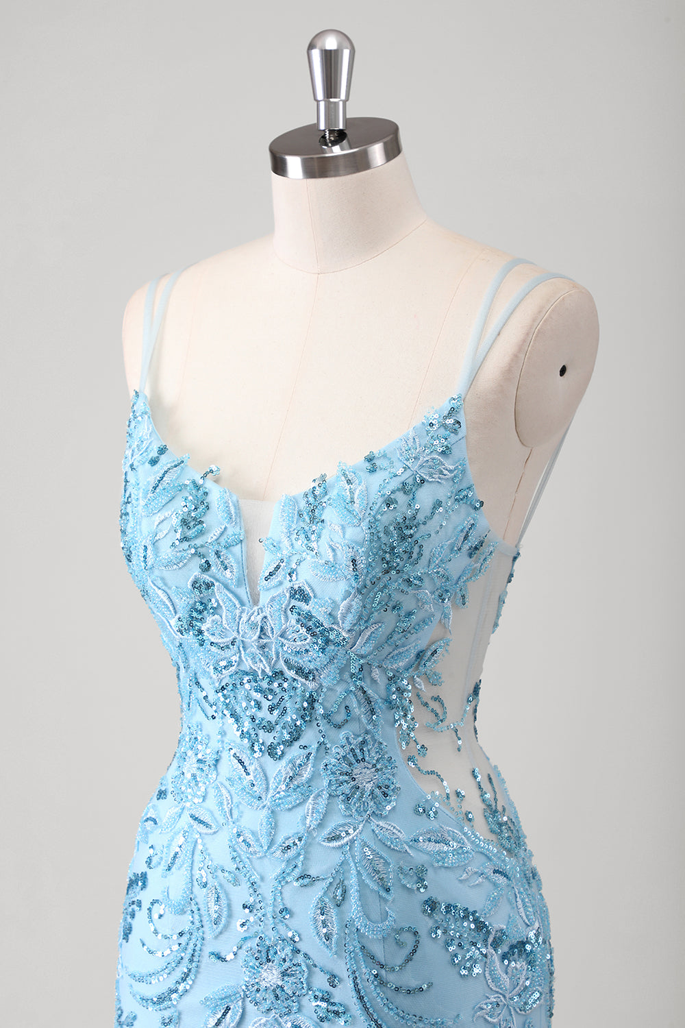 Blu sirena spaghetti cinghie Appliqued lungo Abito da Cerimonia con fessura