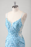 Blu sirena spaghetti cinghie Appliqued lungo Abito da Cerimonia con fessura