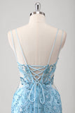 Blu sirena spaghetti cinghie Appliqued lungo Abito da Cerimonia con fessura