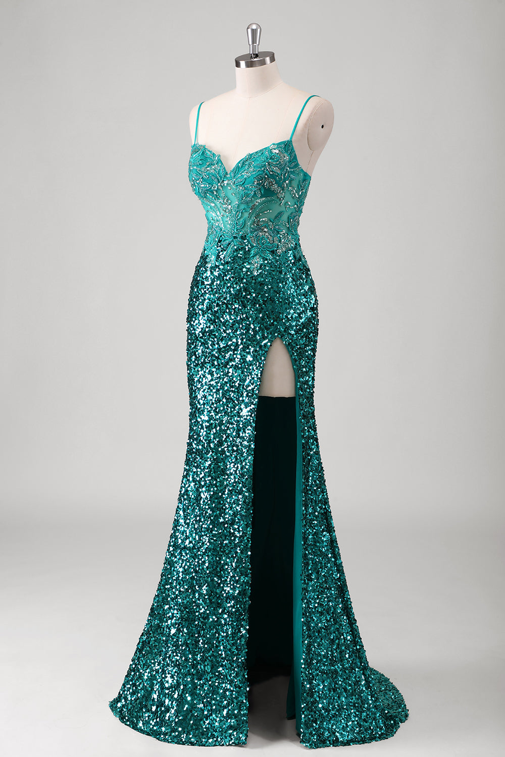 Pavone verde sirena spaghetti spalline lungo abito da cerimonia con paillettes