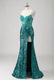 Pavone verde sirena spaghetti spalline lungo abito da cerimonia con paillettes