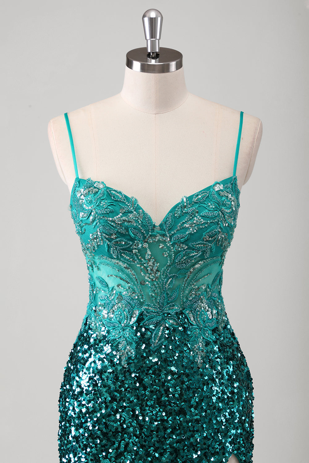 Pavone verde sirena spaghetti spalline lungo abito da cerimonia con paillettes