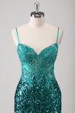 Pavone verde sirena spaghetti spalline lungo abito da cerimonia con paillettes