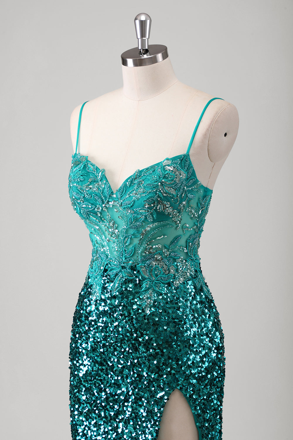 Pavone verde sirena spaghetti spalline lungo abito da cerimonia con paillettes