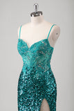 Pavone verde sirena spaghetti spalline lungo abito da cerimonia con paillettes