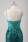 Pavone verde sirena spaghetti spalline lungo abito da cerimonia con paillettes