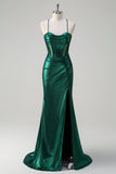 Glitter verde scuro sirena corsetto increspato metallico Abito da cerimonia con fessura