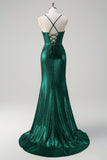 Glitter verde scuro sirena corsetto increspato metallico Abito da cerimonia con fessura