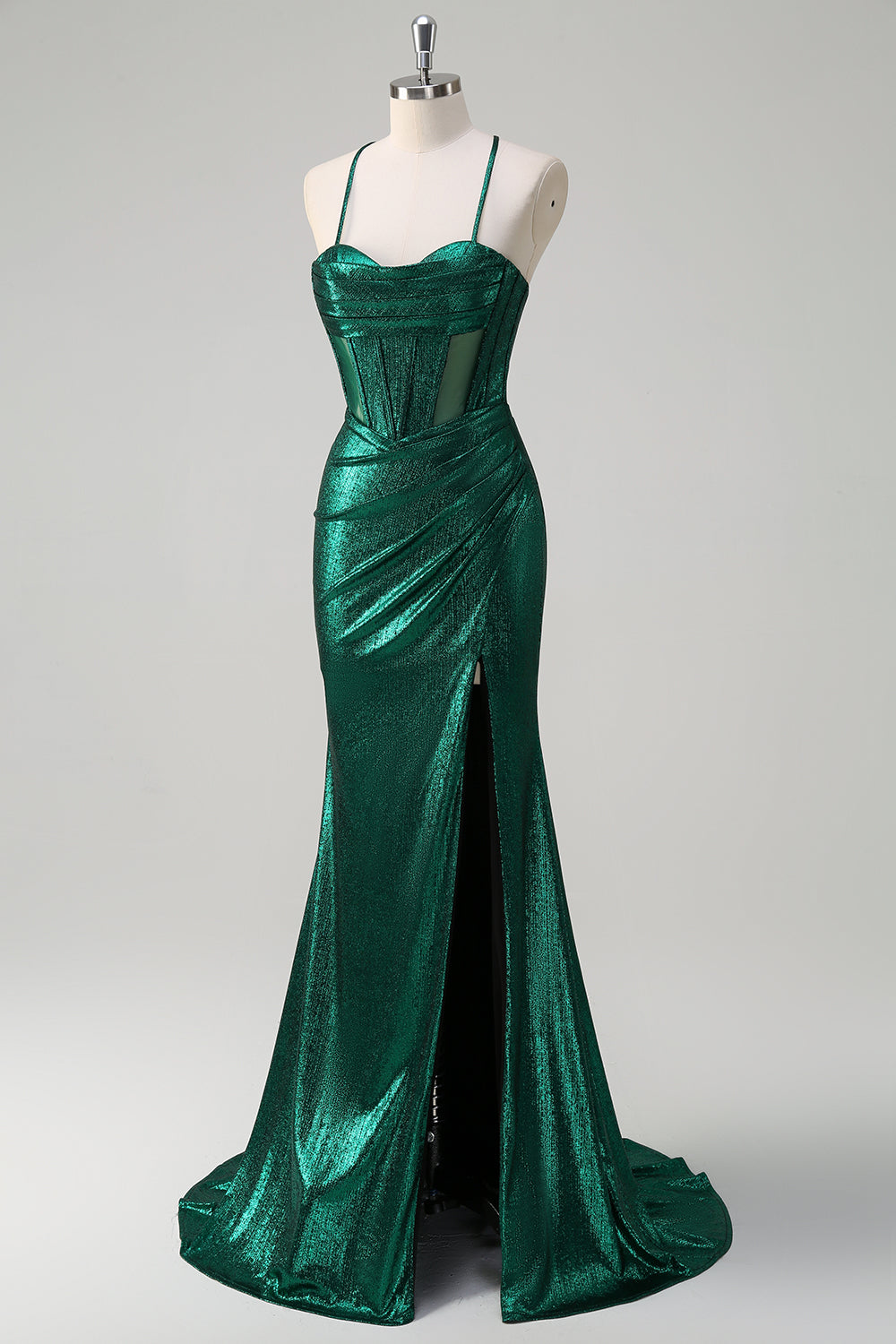 Glitter verde scuro sirena corsetto increspato metallico Abito da cerimonia con fessura