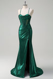 Glitter verde scuro sirena corsetto increspato metallico Abito da cerimonia con fessura