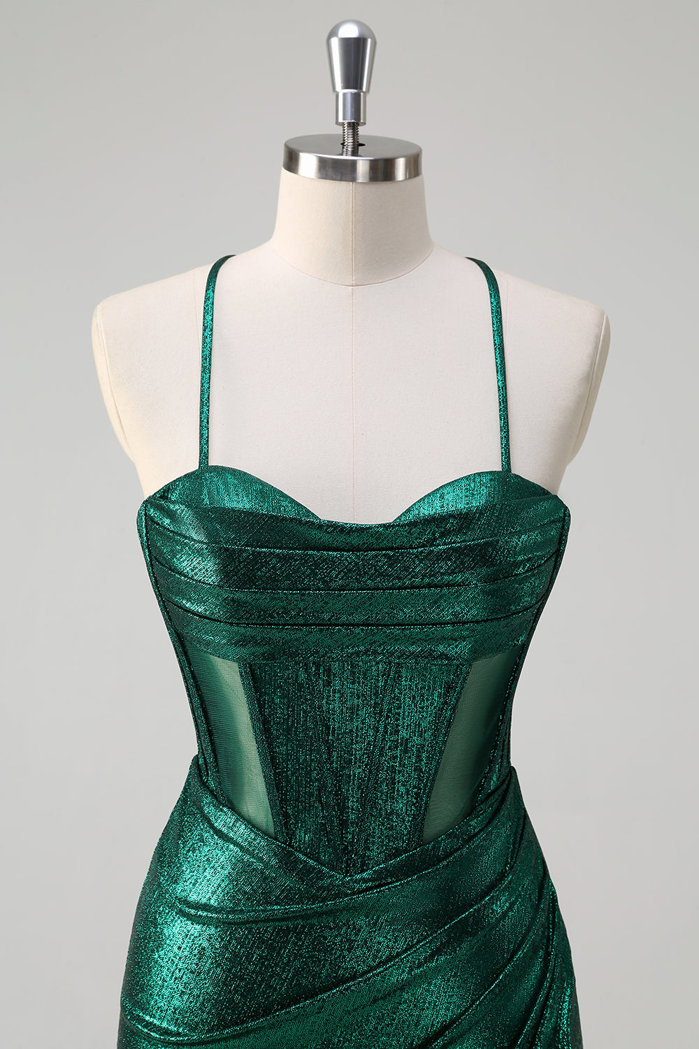 Glitter verde scuro sirena corsetto increspato metallico Abito da cerimonia con fessura