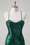 Glitter verde scuro sirena corsetto increspato metallico Abito da cerimonia con fessura