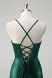 Glitter verde scuro sirena corsetto increspato metallico Abito da cerimonia con fessura