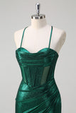 Glitter verde scuro sirena corsetto increspato metallico Abito da cerimonia con fessura