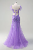 Scintillante viola tulle sirena fuori dalla spalla paillettes Abito da cerimonia con fessura