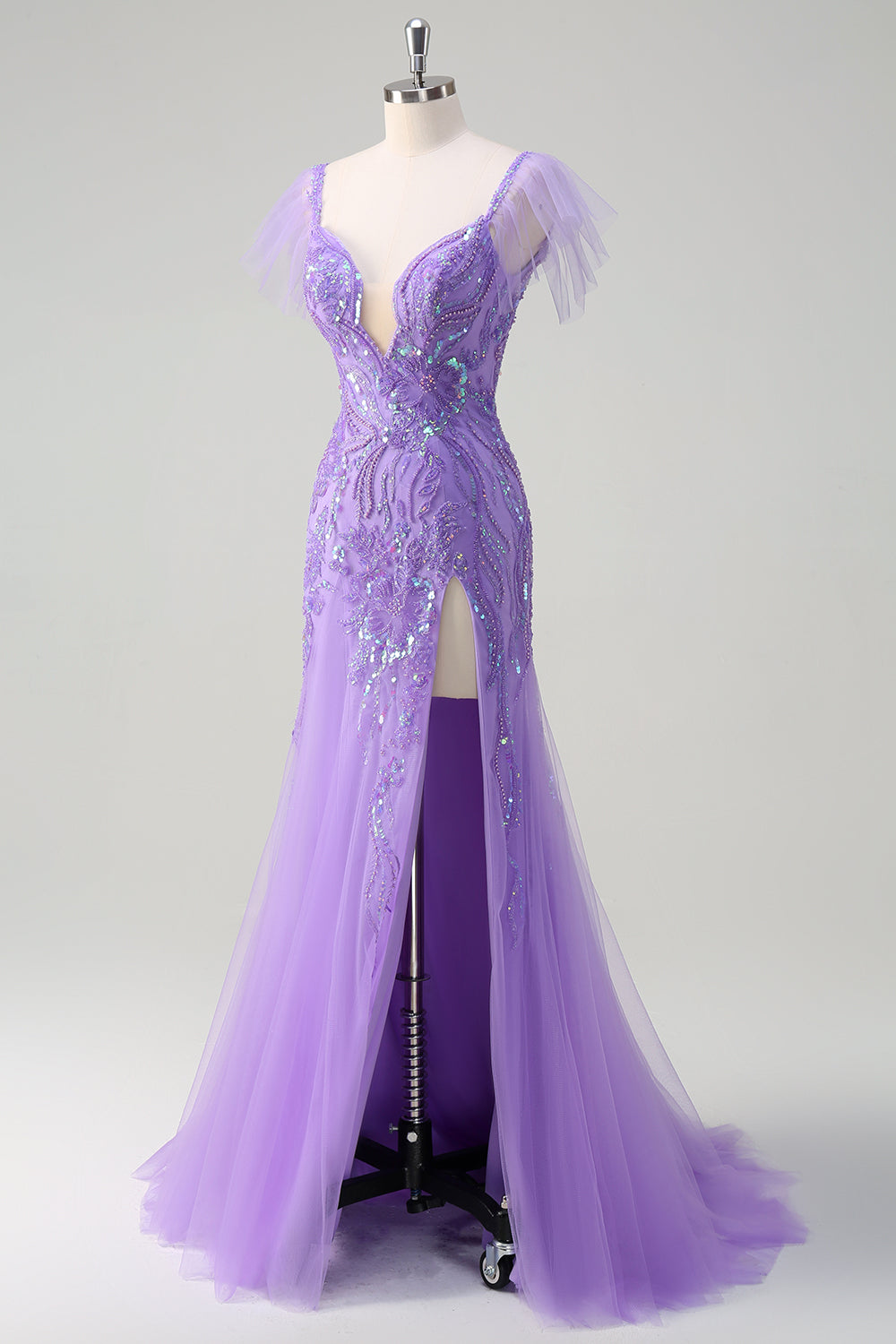 Scintillante viola tulle sirena fuori dalla spalla paillettes Abito da cerimonia con fessura