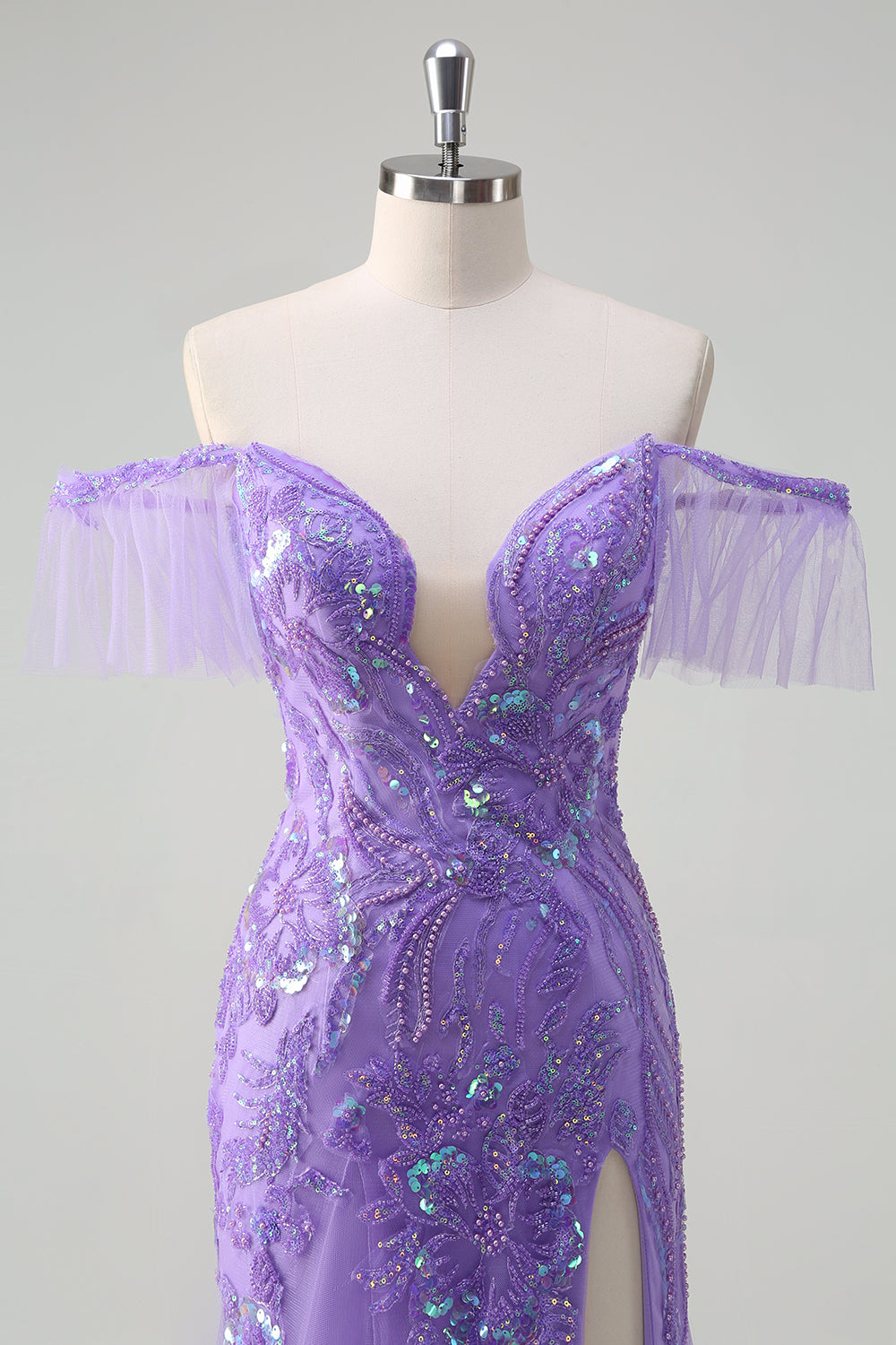 Scintillante viola tulle sirena fuori dalla spalla paillettes Abito da cerimonia con fessura
