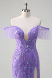 Scintillante viola tulle sirena fuori dalla spalla paillettes Abito da cerimonia con fessura
