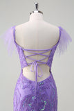 Scintillante viola tulle sirena fuori dalla spalla paillettes Abito da cerimonia con fessura