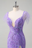 Scintillante viola tulle sirena fuori dalla spalla paillettes Abito da cerimonia con fessura