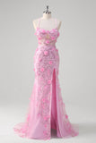 Rosa sirena spaghetti spalline paillettes Abito da Cerimonia con fiori 3D