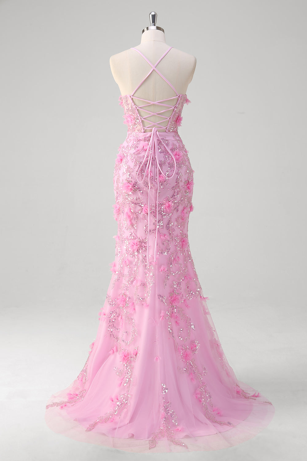 Rosa sirena spaghetti spalline paillettes Abito da Cerimonia con fiori 3D
