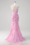 Rosa sirena spaghetti spalline paillettes Abito da Cerimonia con fiori 3D