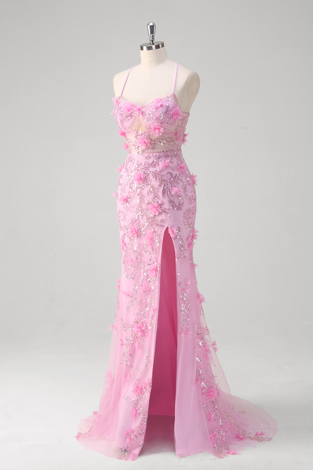 Rosa sirena spaghetti spalline paillettes Abito da Cerimonia con fiori 3D