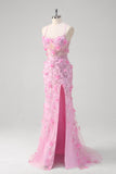 Rosa sirena spaghetti spalline paillettes Abito da Cerimonia con fiori 3D