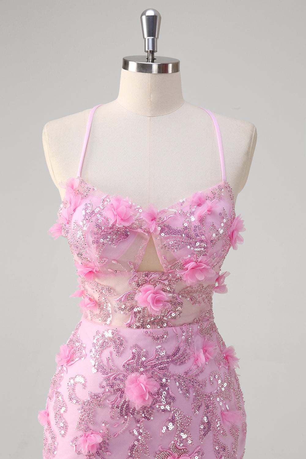 Rosa sirena spaghetti spalline paillettes Abito da Cerimonia con fiori 3D