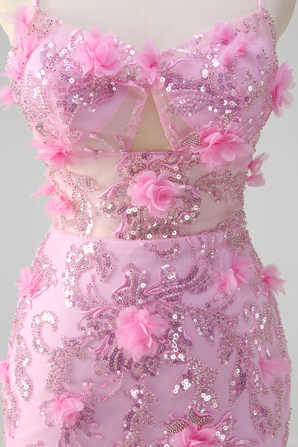 Rosa sirena spaghetti spalline paillettes Abito da Cerimonia con fiori 3D