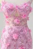 Rosa sirena spaghetti spalline paillettes Abito da Cerimonia con fiori 3D