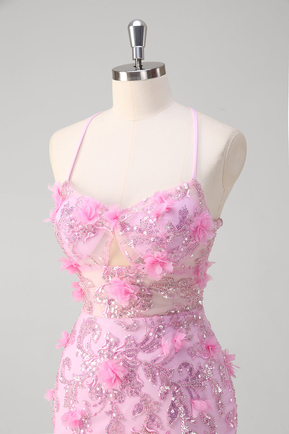 Rosa sirena spaghetti spalline paillettes Abito da Cerimonia con fiori 3D