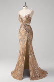 Champagne sirena spaghetti spalline paillettes scavare fuori abito da cerimonia