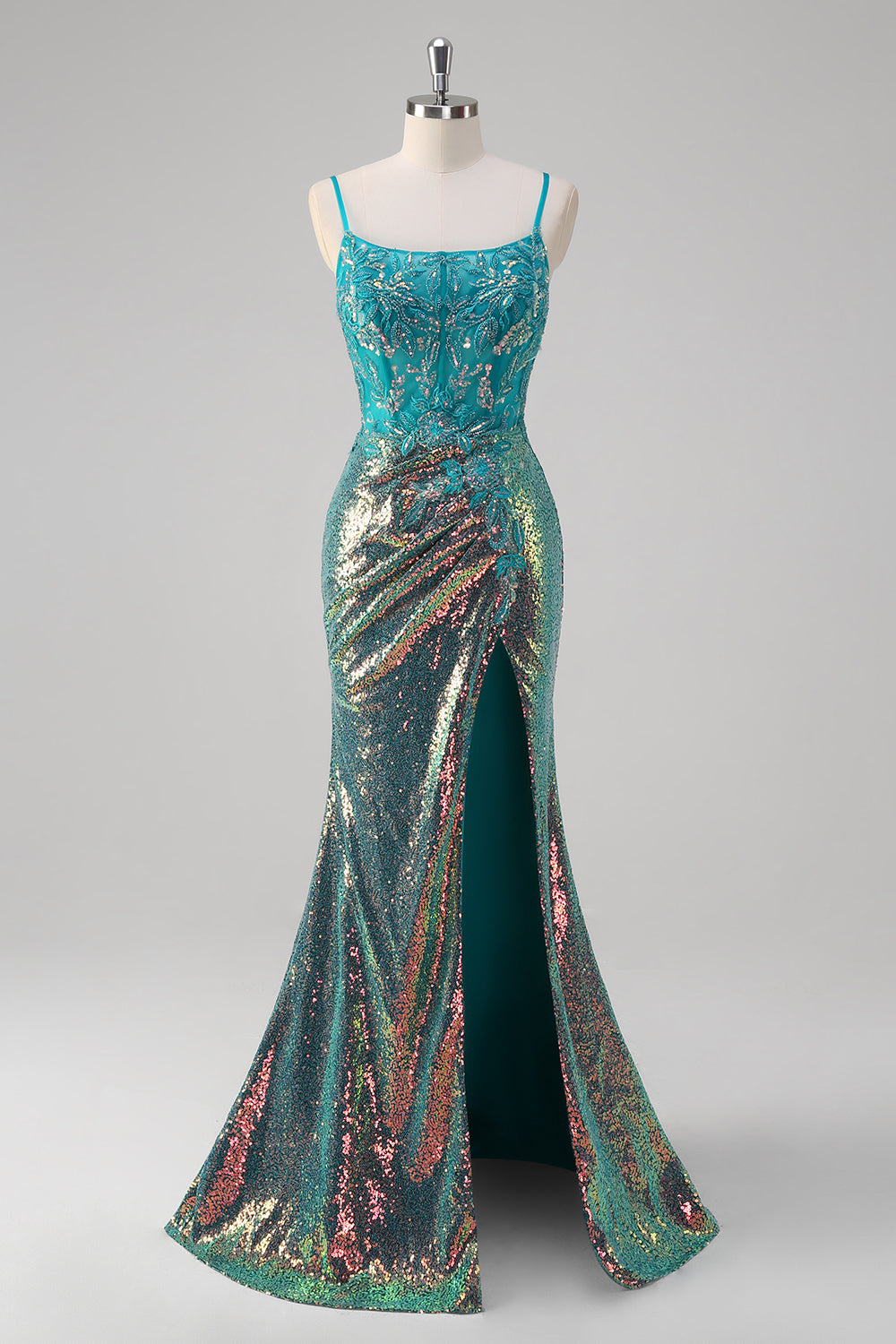 Pavone verde sirena spaghetti spalline corsetto paillettes Abito da Cerimonia