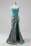 Pavone verde sirena spaghetti spalline corsetto paillettes Abito da Cerimonia