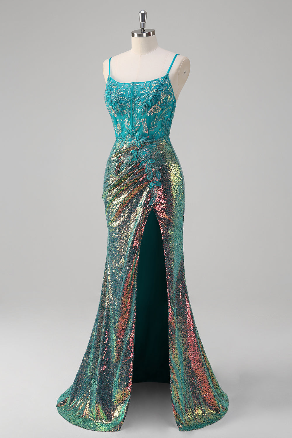 Pavone verde sirena spaghetti spalline corsetto paillettes Abito da Cerimonia