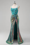 Pavone verde sirena spaghetti spalline corsetto paillettes Abito da Cerimonia