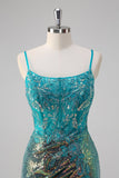 Pavone verde sirena spaghetti spalline corsetto paillettes Abito da Cerimonia