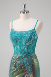 Pavone verde sirena spaghetti spalline corsetto paillettes Abito da Cerimonia