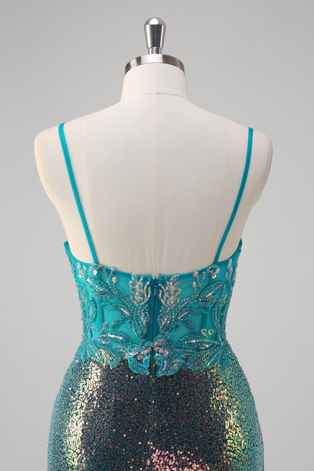 Pavone verde sirena spaghetti spalline corsetto paillettes Abito da Cerimonia