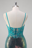 Pavone verde sirena spaghetti spalline corsetto paillettes Abito da Cerimonia